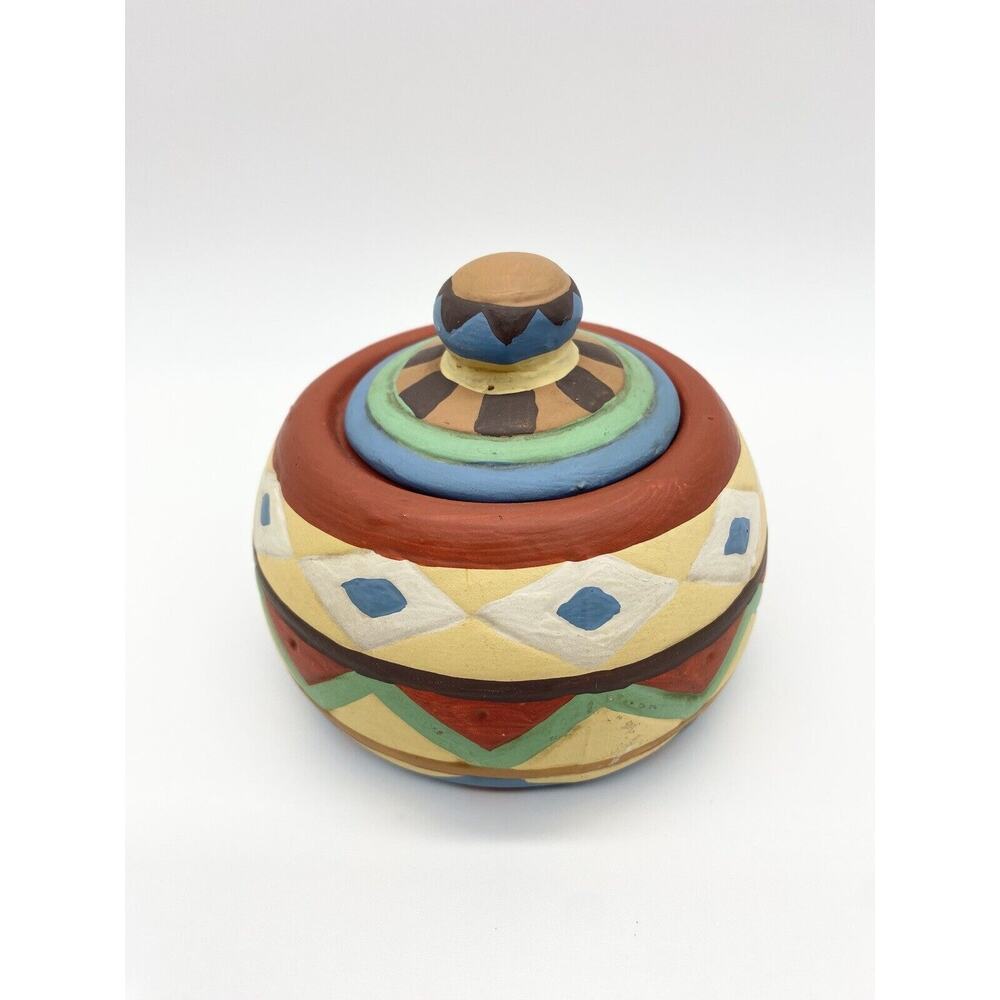 Southwestern Native American Theme Hand Painted Jar W/ Lid 3”